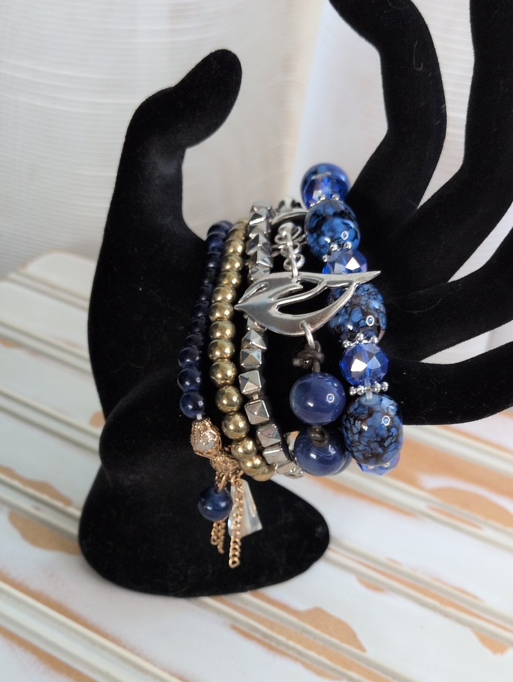 Vintage Blue Gold Bracelet Lot 5pc Indigo Denim Quartz Chunky Boho Charm Stack